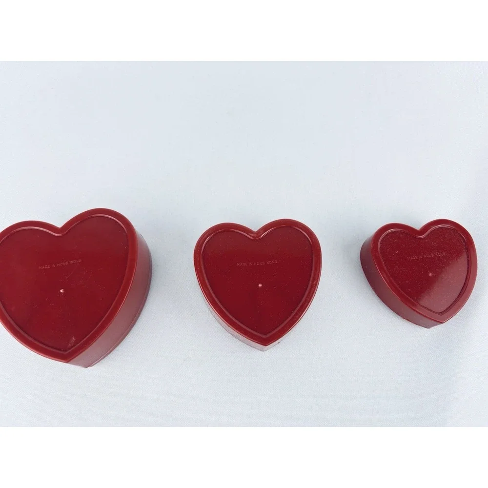 Vintage Red Nesting Heart Trinket Boxes Hong Kong - Plastic Floral Flowers Set 3